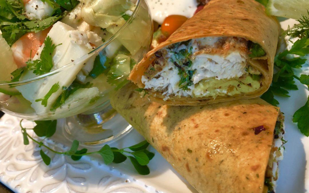 Panko Mahi and Poblano Peppers Wrap with Dill, Lime, Sour Cream Dressing